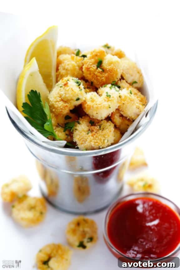 Deliciously crispy and healthy Baked Popcorn Shrimp recipe – a lighter, oven-baked alternative perfect for appetizers or a meal. Made with Panko breadcrumbs for extra crunch.