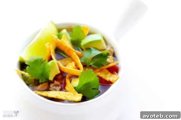 Various toppings for taco soup including avocado, tortilla strips, and fresh cilantro.