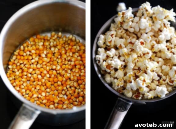 Stovetop Popcorn Popping Popcorn kernels popping on the stove