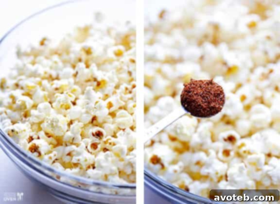 Seasoning Taco Popcorn Freshly popped popcorn in a bowl with seasoning