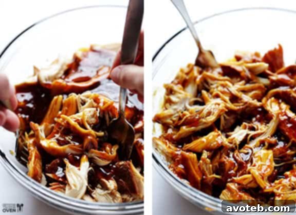 Tossing Shredded Chicken with Thick Teriyaki Sauce | gimmesomeoven.com