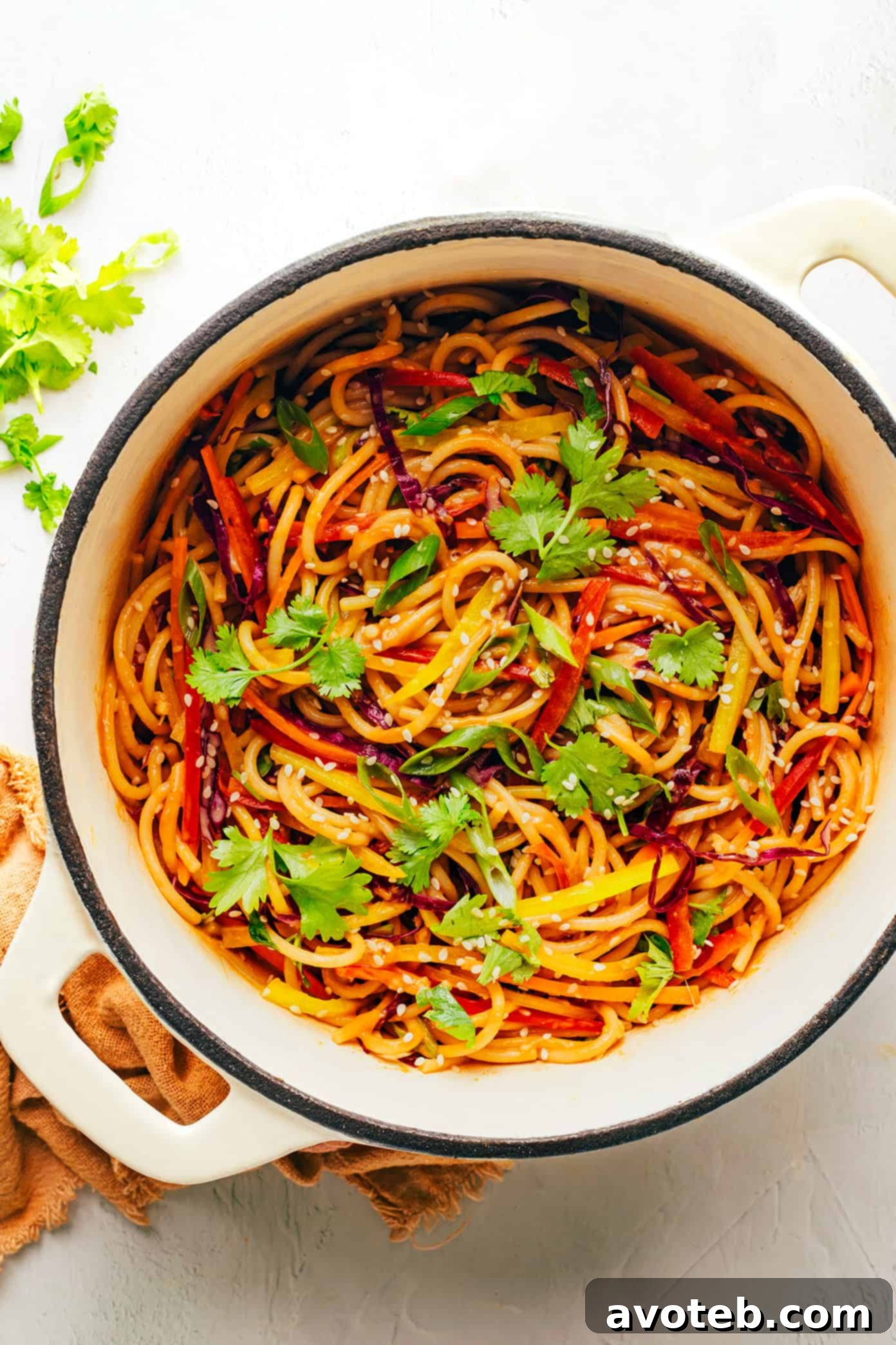 This rainbow peanut noodles recipe is made with colorful fresh veggies, your choice of noodles, and the most irresistible sesame-lime peanut sauce. Feel free to add in a protein (chicken, shrimp, beef, tofu, etc), serve warm or cold, and use whatever colorful vegetables you have on hand. Perfect for easy meal prep too! | gimmesomeoven.com A close-up of Rainbow Peanut Noodles garnished with fresh cilantro