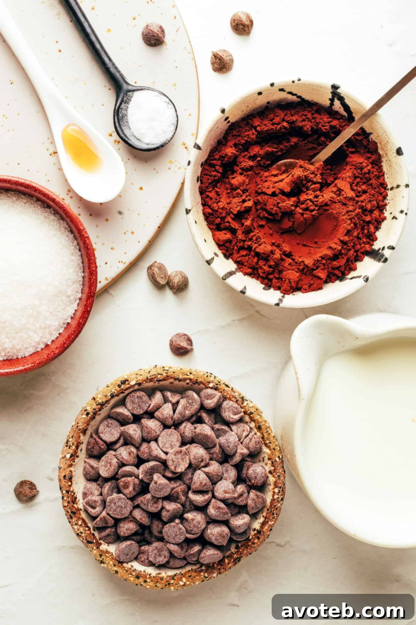 Velvet Cocoa 3 Ingredients for homemade hot chocolate laid out on a table, including milk, chocolate chips, cocoa powder, and vanilla extract.