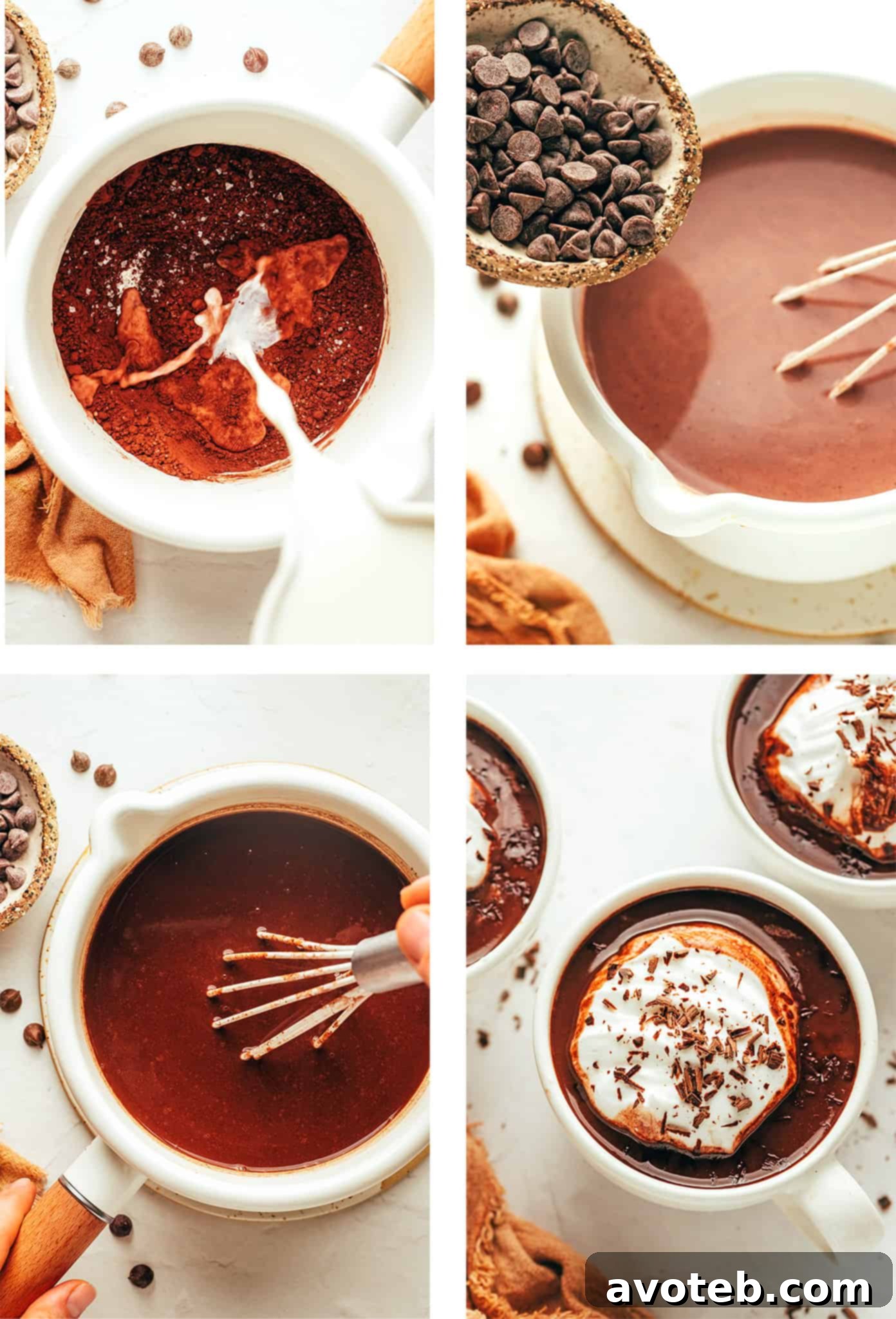 Velvet Cocoa 4 A saucepan on a stove with milk and other hot chocolate ingredients being stirred with a whisk.