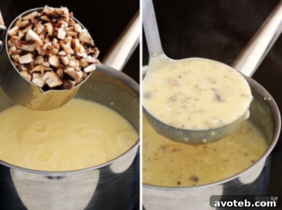Adding Mushrooms and Flavor Finely chopped mushrooms and seasonings simmering in homemade cream of mushroom soup base. Stir constantly to prevent burning.