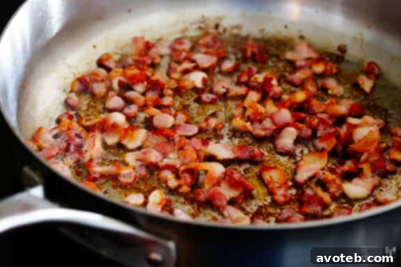 Diced bacon being prepared for Blue Cheese Bacon Macaroni and Cheese.