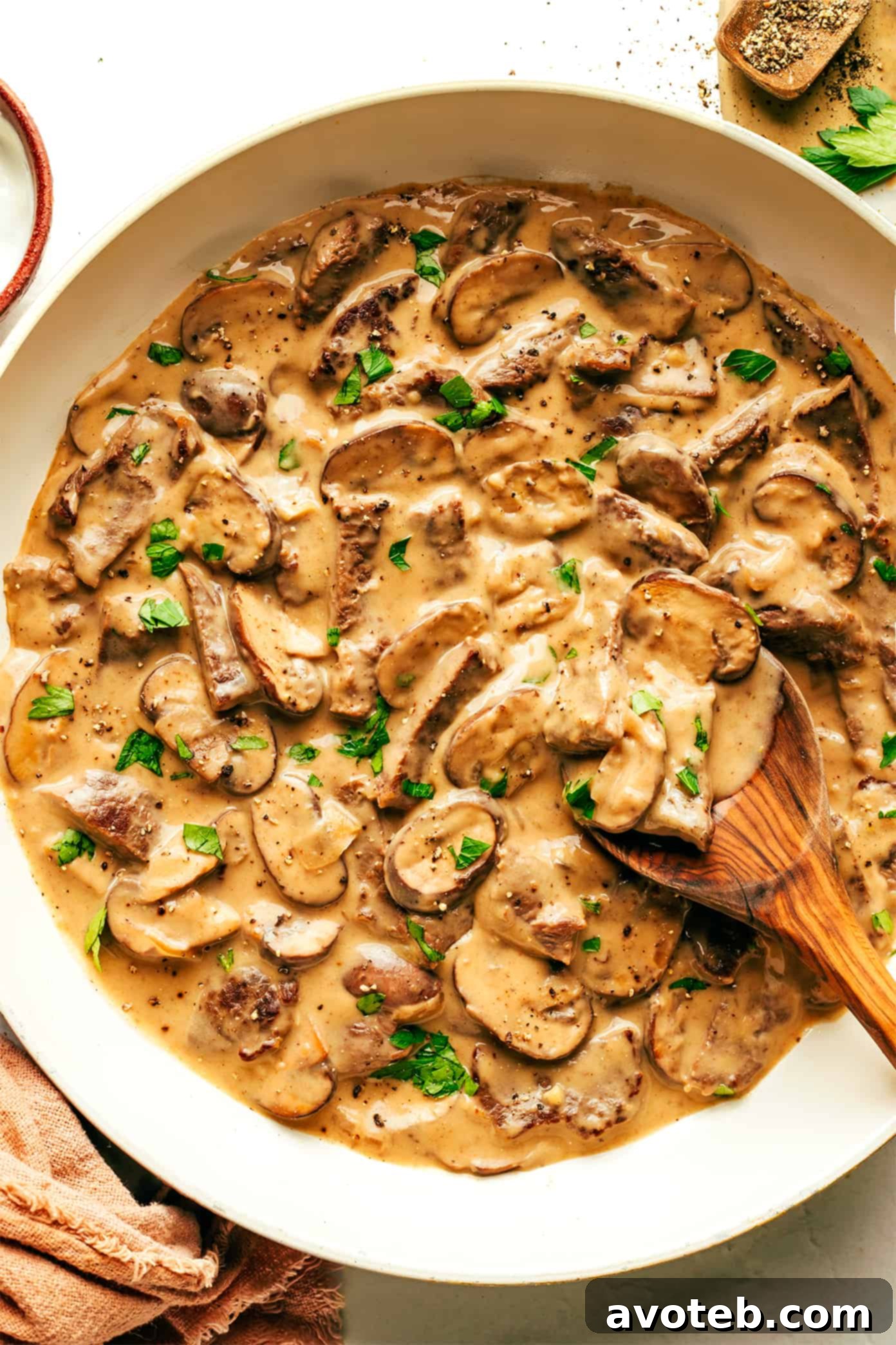 Rich Beef Stroganoff Simmering in a Sauté Pan
