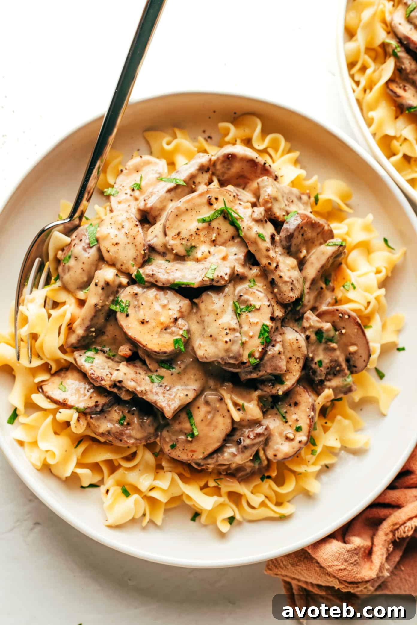 Classic Beef Stroganoff Served with Wide Egg Noodles