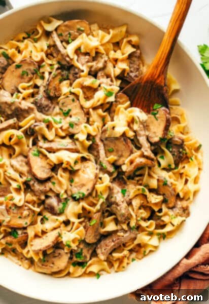 Beef Stroganoff served in a bowl with noodles