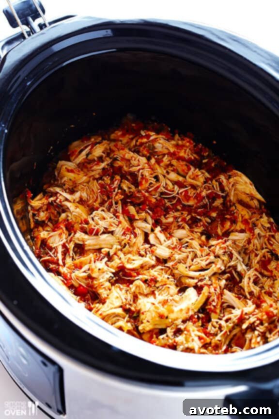 Slow Cooker Salsa Chicken, Cooked and Ready