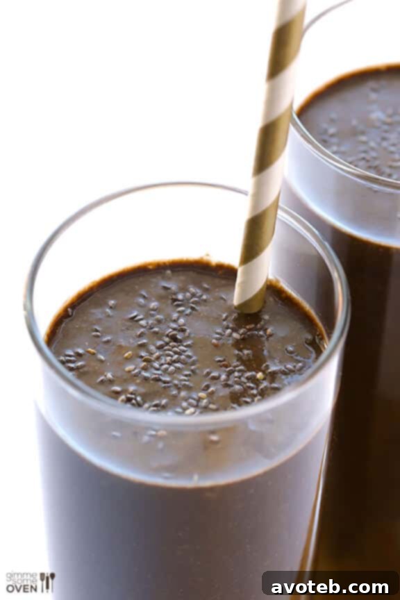 Chocolate Chia Smoothie | Ready to Enjoy Finished Decadent Chocolate Chia Smoothie in a Glass