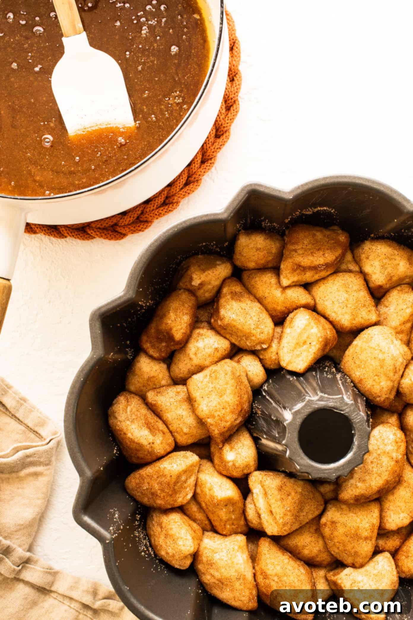 Steps for making monkey bread, showing coated biscuit pieces in a bundt pan