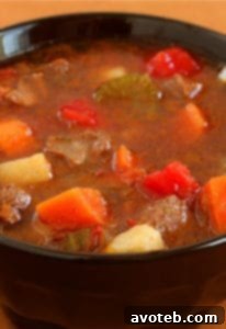 A bowl of delicious Steak Soup (Vegetable Beef Soup) ready to be served.