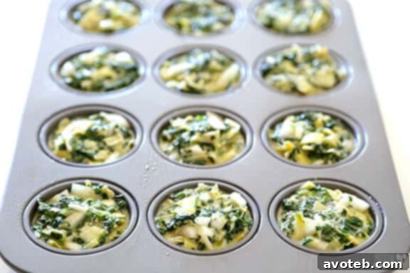 Portioning Spinach Artichoke Quiche Mixture into Muffin Tins