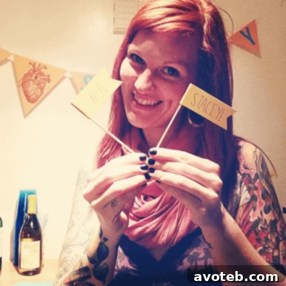 Stacey Shannon, the birthday girl, smiling brightly surrounded by friends and celebration.