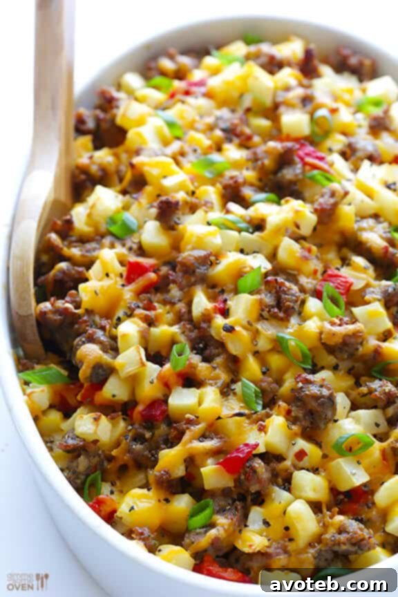 Overhead view of the Easy Cheesy Breakfast Casserole in a baking dish