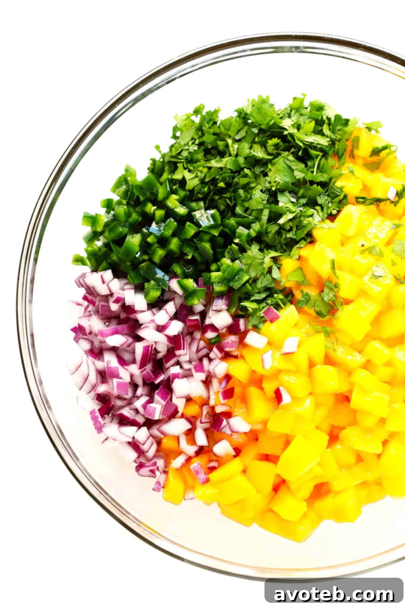 The BEST fresh mango salsa recipe! Made with just 5-ingredients, it's perfect as a dip or topping for your favorite Mexican dishes. Individual ingredients for 5-Ingredient Mango Salsa laid out on a white surface: diced mangoes, finely chopped red onion, sliced jalapeño, fresh cilantro leaves, and a whole lime