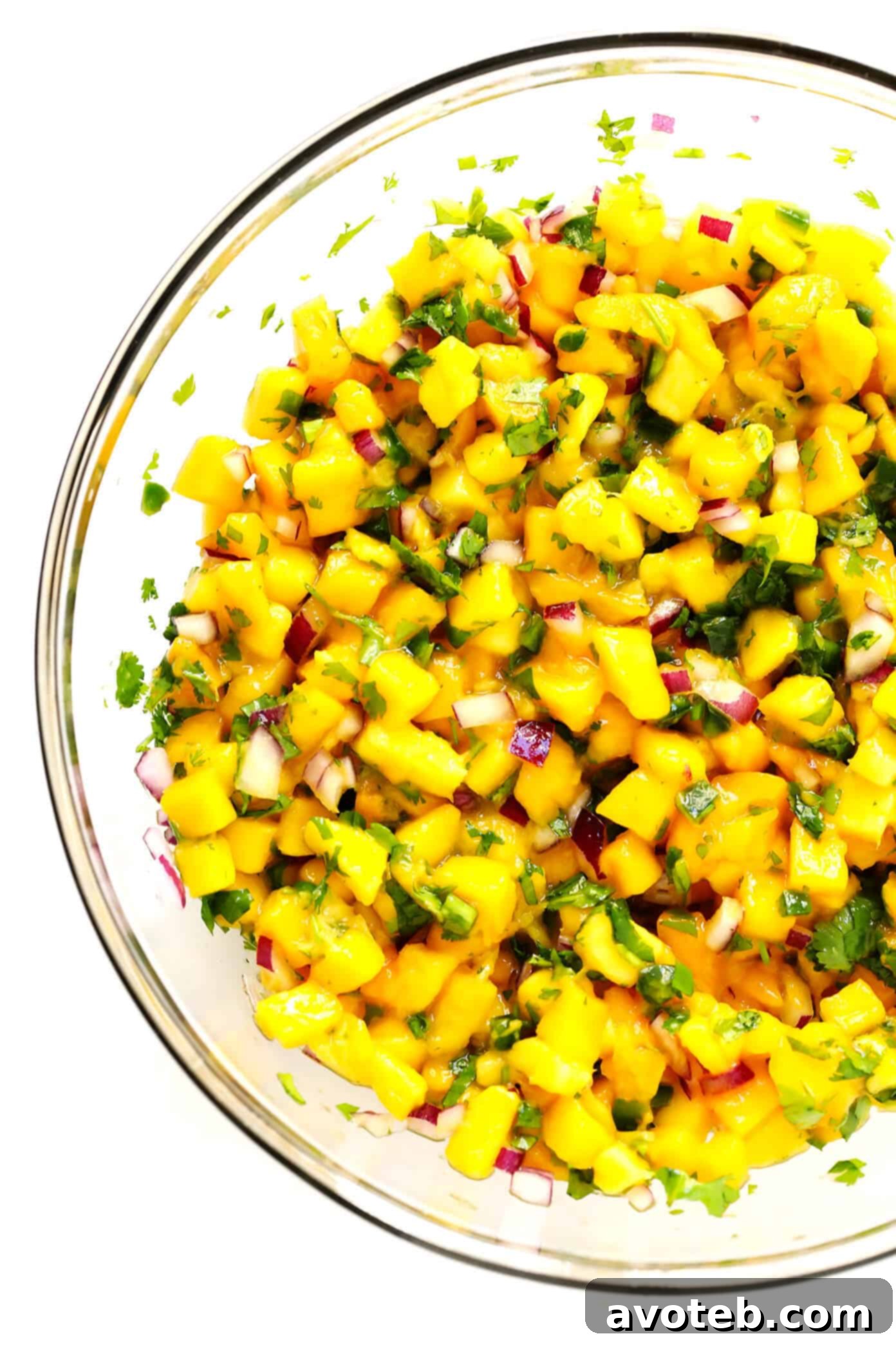 The BEST fresh mango salsa recipe! Made with just 5-ingredients, it's perfect as a dip or topping for your favorite Mexican dishes. A large serving bowl overflowing with fresh 5-Ingredient Mango Salsa, garnished with fresh cilantro sprigs, ready for serving