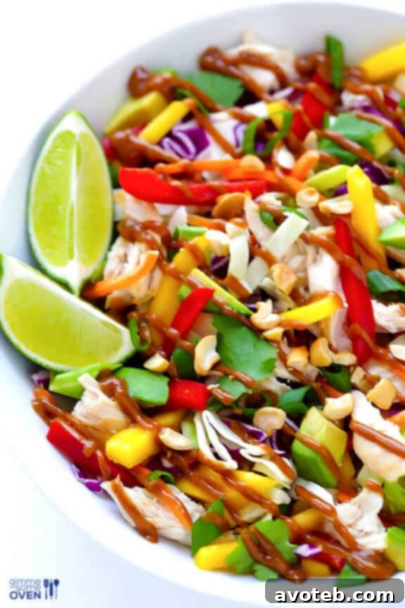 Close-up of Rainbow Thai Chicken Salad showcasing colorful ingredients like red bell peppers, carrots, mango, avocado, and purple cabbage.