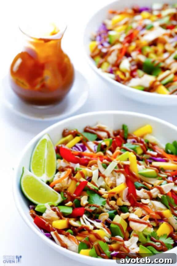 A beautifully presented bowl of Rainbow Thai Chicken Salad with peanut dressing drizzled on top, ready to serve.