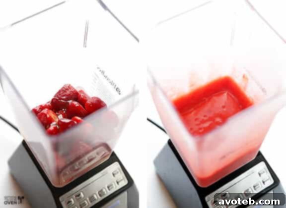 Frozen strawberries ready to be blended for the red layer of the Red, White & Blue Margaritas recipe.