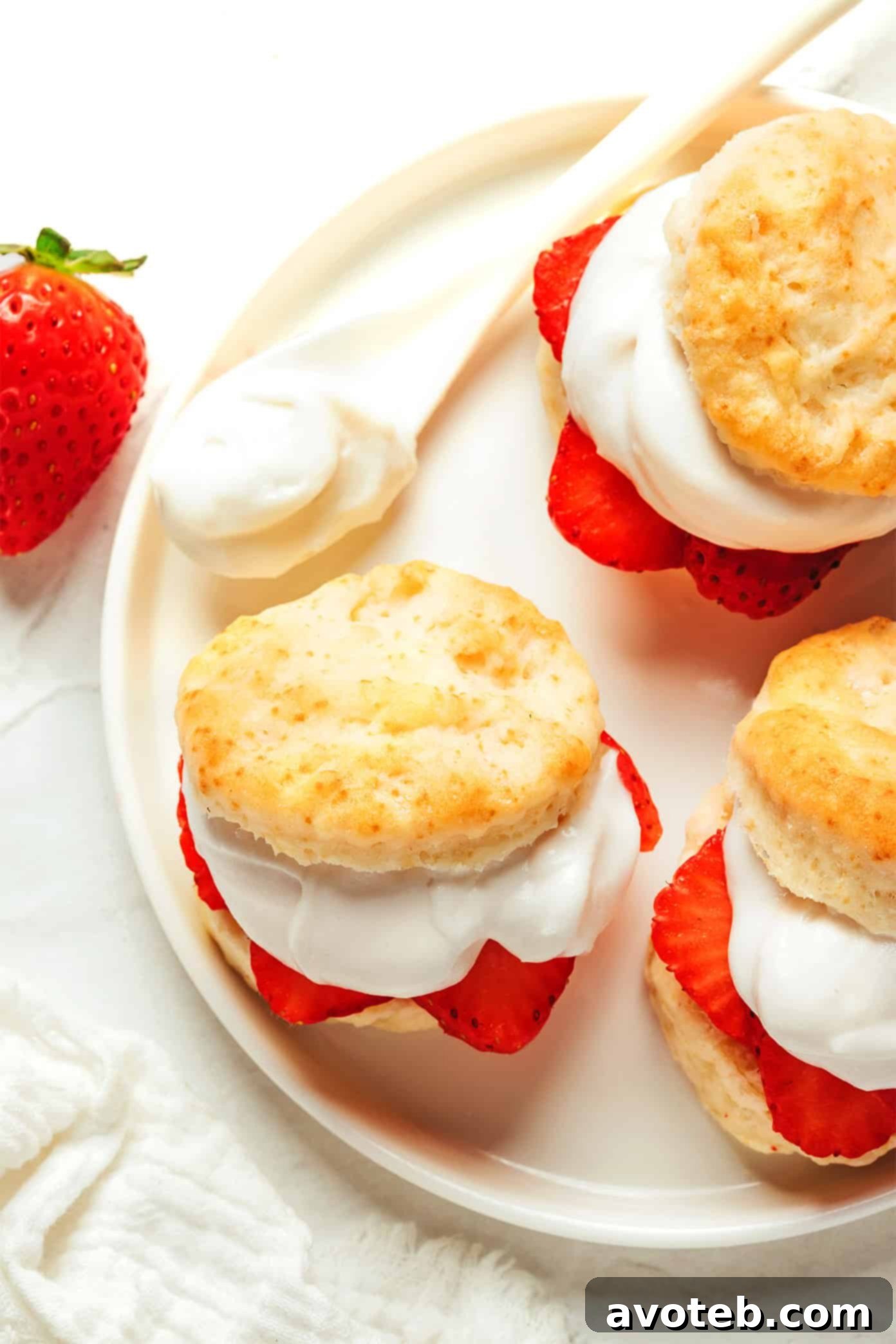 Freshly baked vegan strawberry shortcake with coconut whipped cream