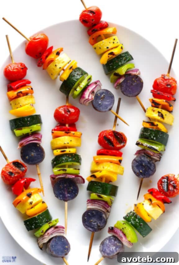 Platter of freshly grilled Rainbow Veggie Skewers.