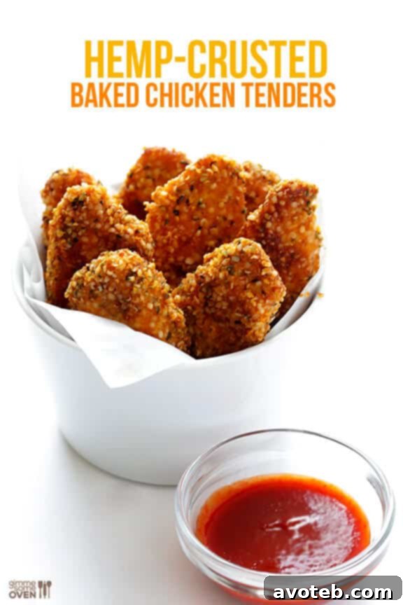 Hemp Crusted Chicken Tenders -- this easy and delicious recipe is packed with protein and is also naturally #glutenfree! | gimmesomeoven.com #gf #recipe Close-up of golden brown hemp-crusted baked chicken tenders, showing crispy texture and delicious appeal. Perfect for a healthy, high-protein, gluten-free meal.