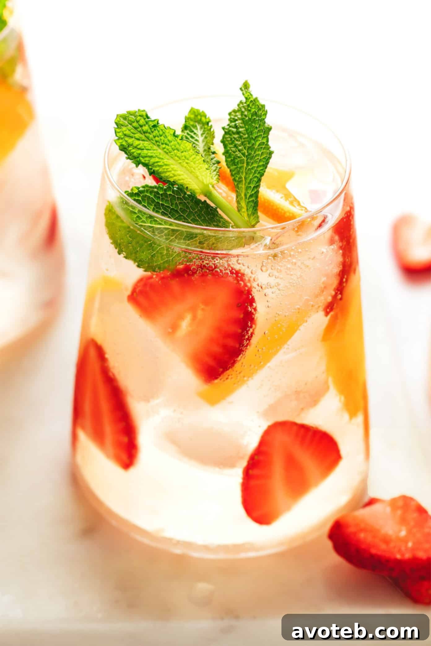 strawberry sangria with fresh fruit and white wine in a pitcher