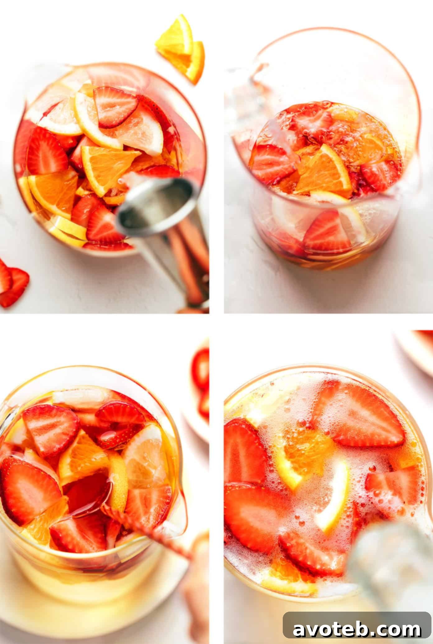 step by step photos showing how to make strawberry sangria with fruit and wine