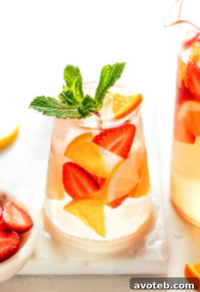 A glass of strawberry sangria garnished with mint and a pitcher of sangria