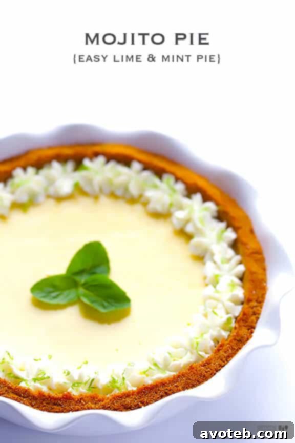 Delectable Mojito Pie Close-up of a Mojito Pie slice, showing the creamy filling and graham cracker crust, with a vibrant lime and mint garnish.
