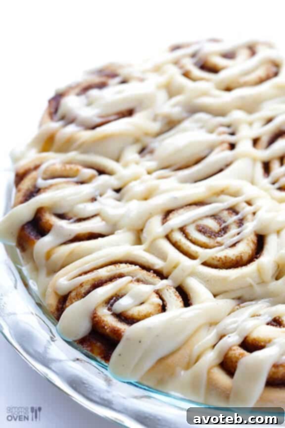 Generously frosted Brown Butter Cinnamon Rolls.