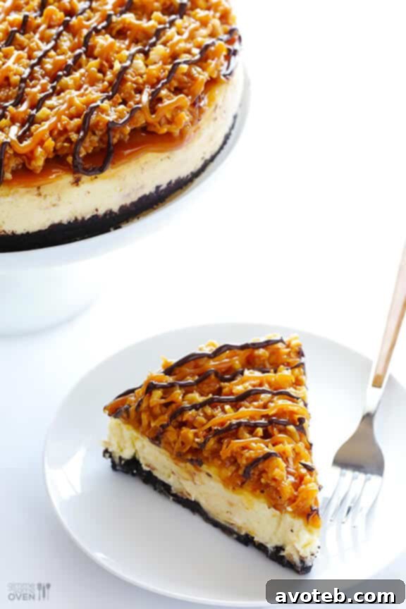 Whole Samoa Cheesecake garnished with chocolate and caramel drizzles, ready for serving.