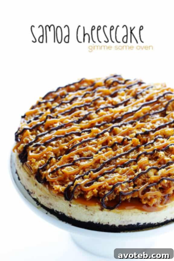 A top-down view of a beautifully prepared Samoa Cheesecake, garnished and ready to serve.