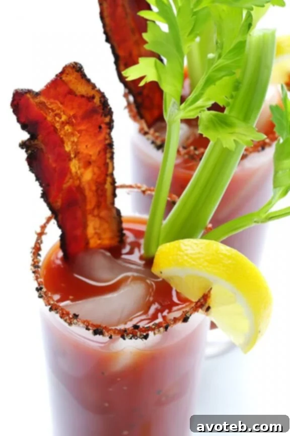 Close-up of a Peppered Bacon Bloody Mary with a celery stalk and lime wedge.