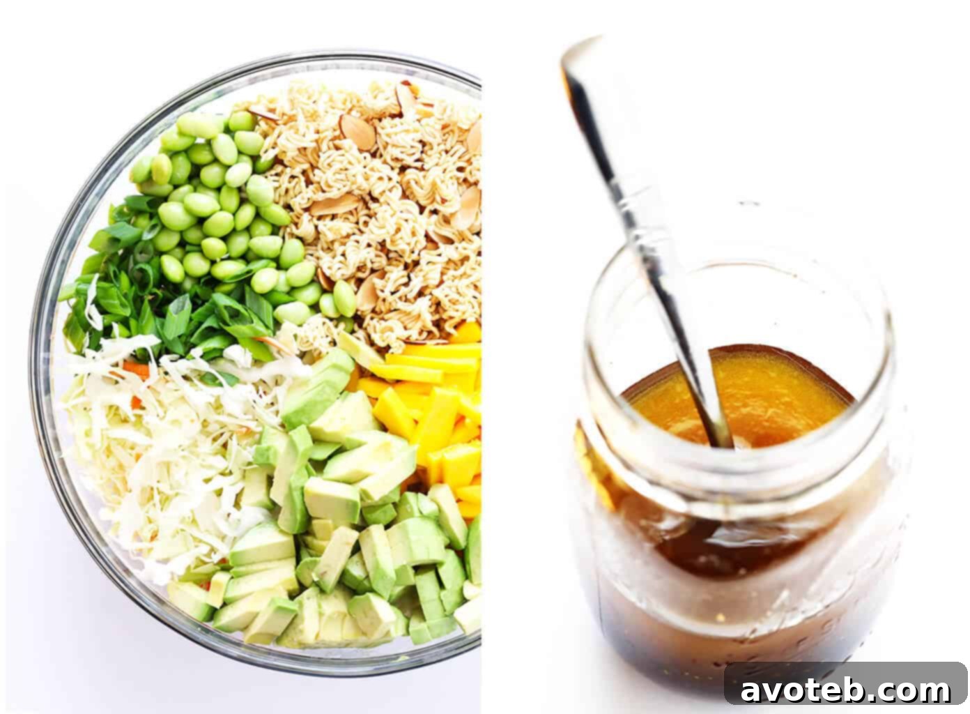 A close-up shot of the vibrant Crunchy Ramen Noodle Salad, showcasing its fresh ingredients like mango, avocado, edamame, and crisp ramen noodles, all tossed in a delicious sesame vinaigrette.