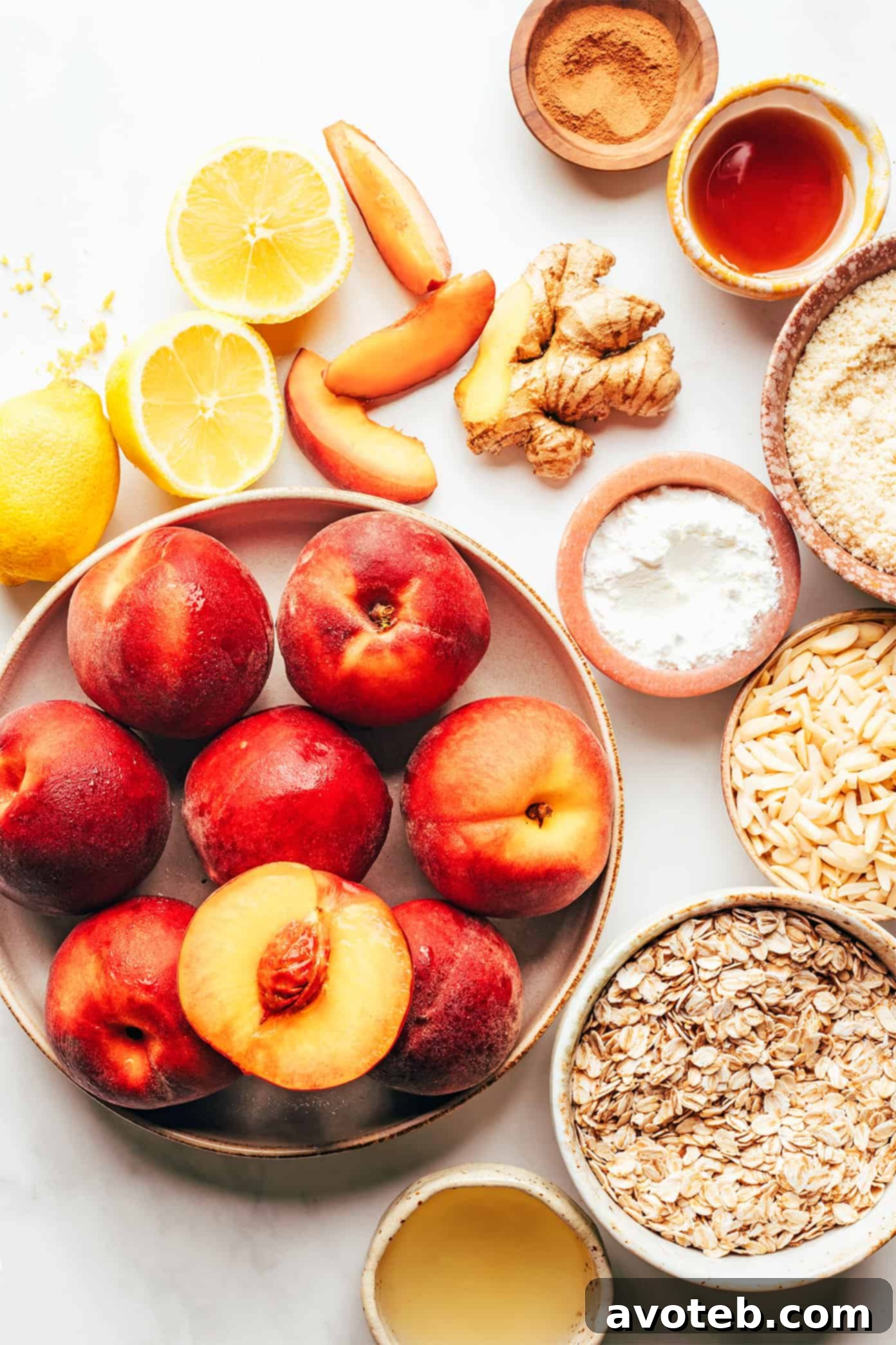 Fresh ingredients laid out for making the ginger peach crisp, including sliced peaches, ginger, oats, and almonds.