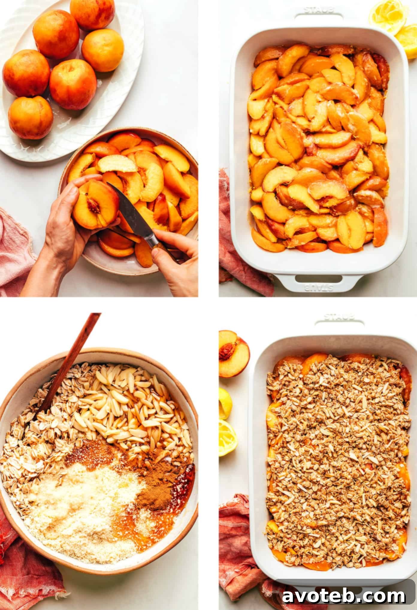 Step-by-step photos illustrating the process of making ginger peach crisp, from mixing ingredients to assembly.