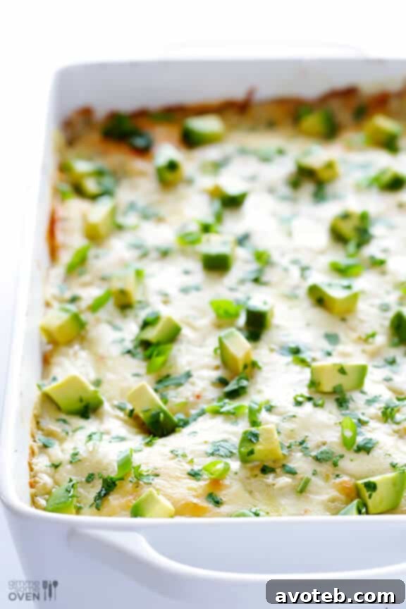 Baked White Chicken Enchilada Casserole, golden and bubbly.