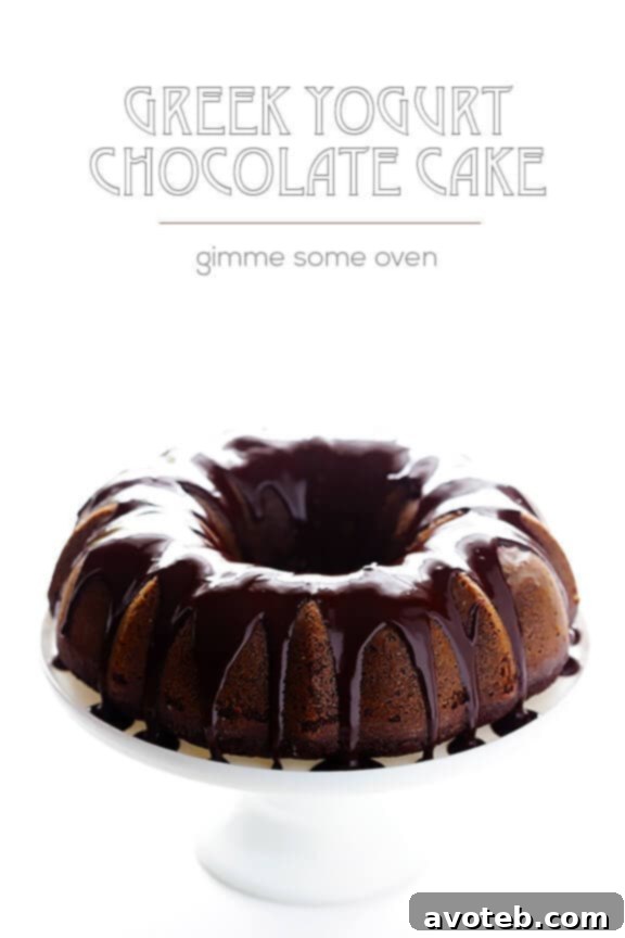 A final, enticing image of the Greek Yogurt Chocolate Cake, showing off its inviting texture and glossy glaze, ready to be enjoyed by friends and family.