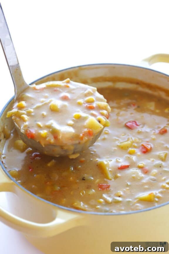 Close-up of creamy Bacon Corn Chowder ready to eat