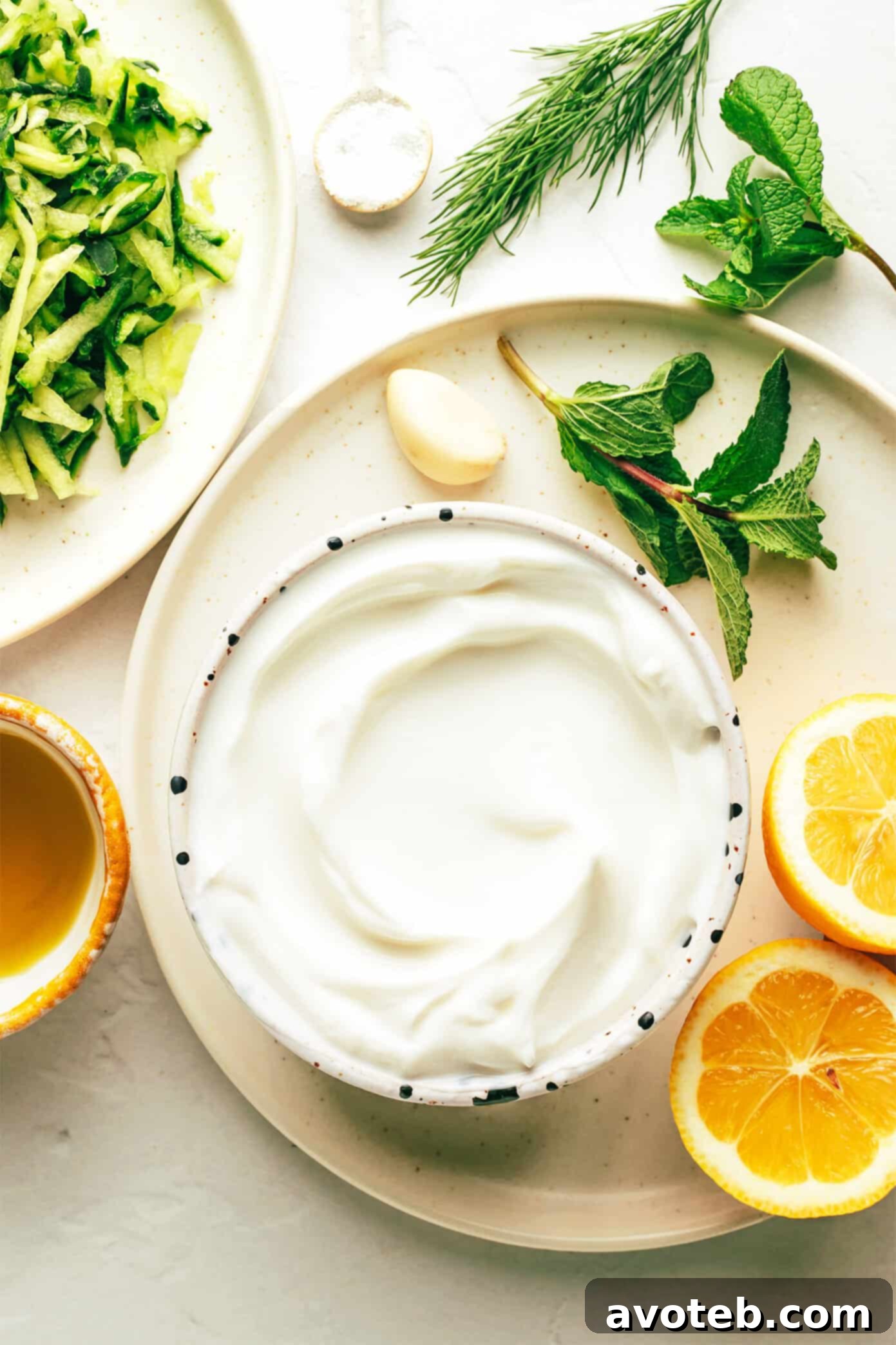 Close-up of a bowl of Tzatziki, showing its creamy texture and bits of cucumber and dill.