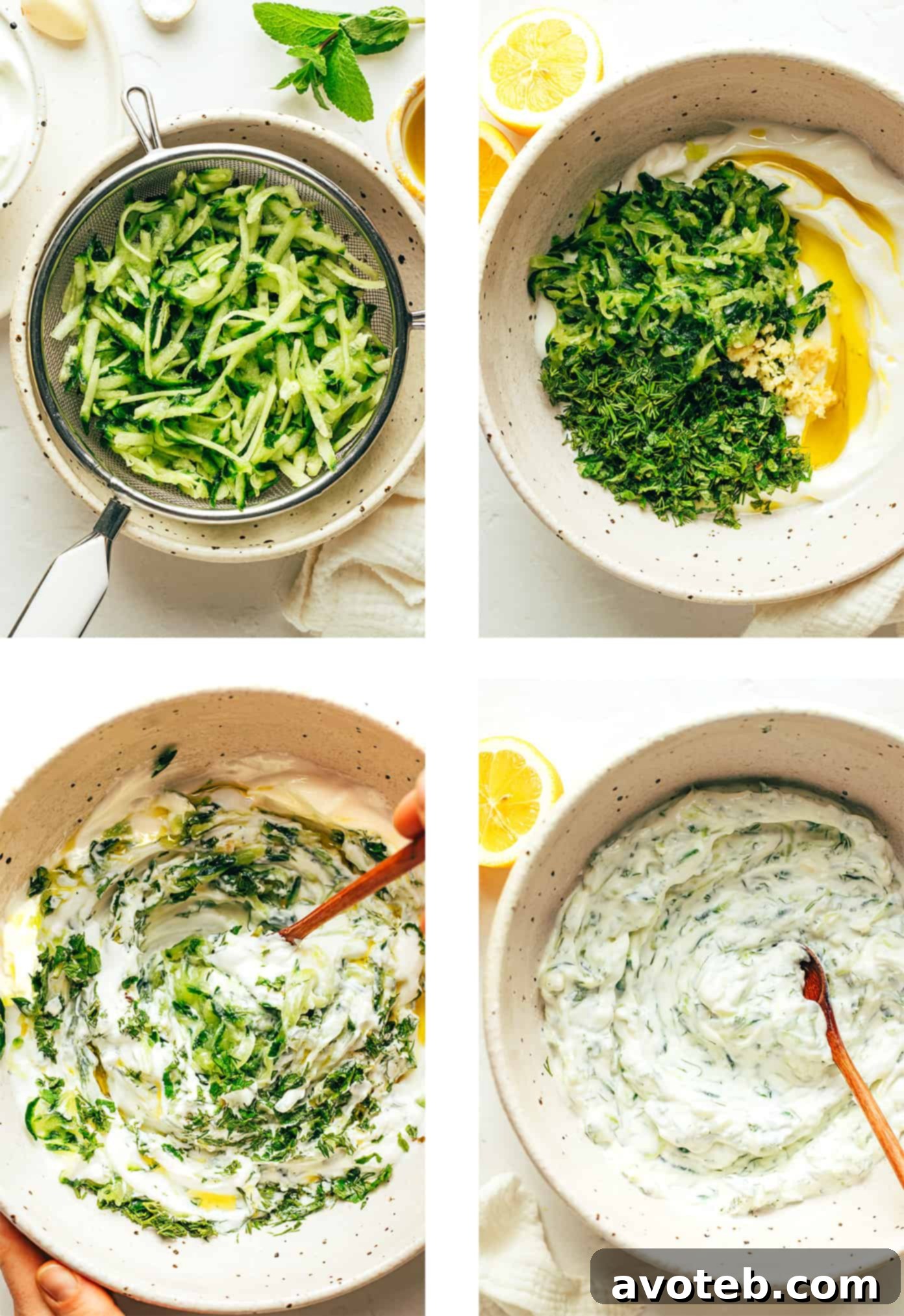 Ingredients for Tzatziki laid out on a table: Greek yogurt, cucumber, garlic, dill, lemon, and olive oil.
