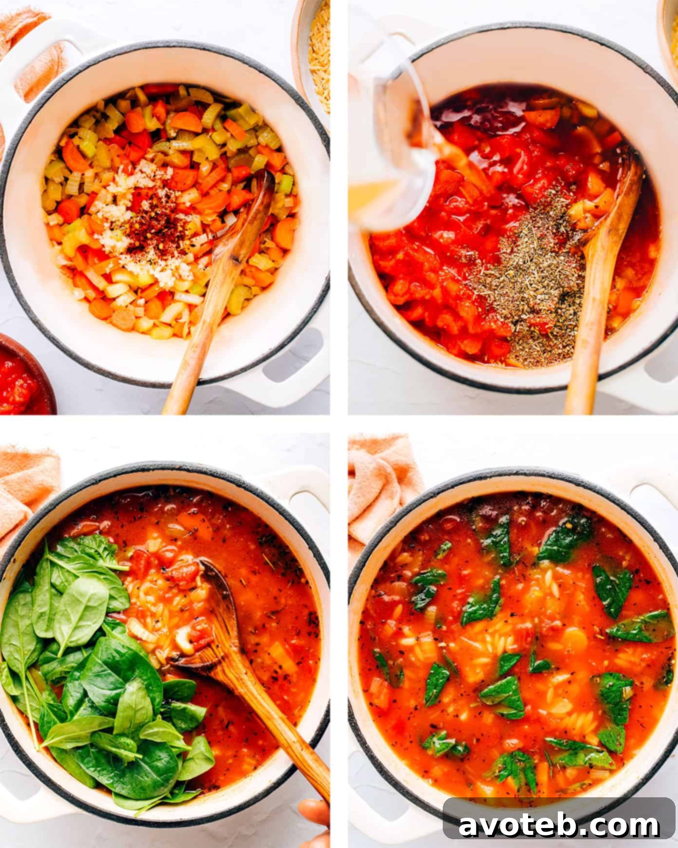 Step-by-step imagery showing the preparation of Italian Orzo Soup