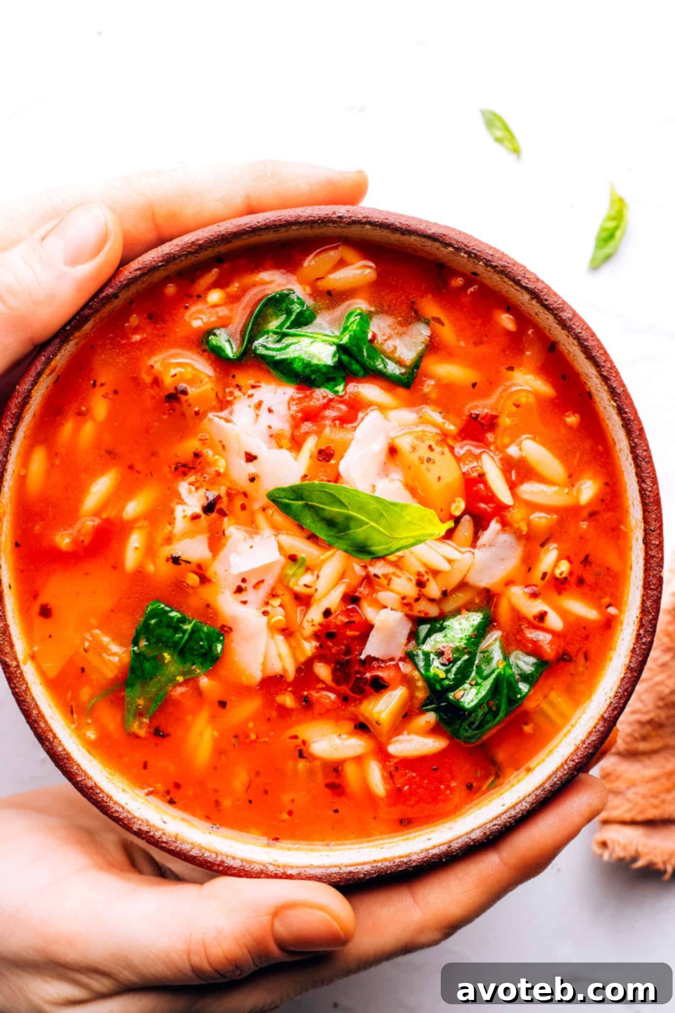 A beautiful bowl of Italian Orzo Spinach Soup garnished with fresh basil and Parmesan