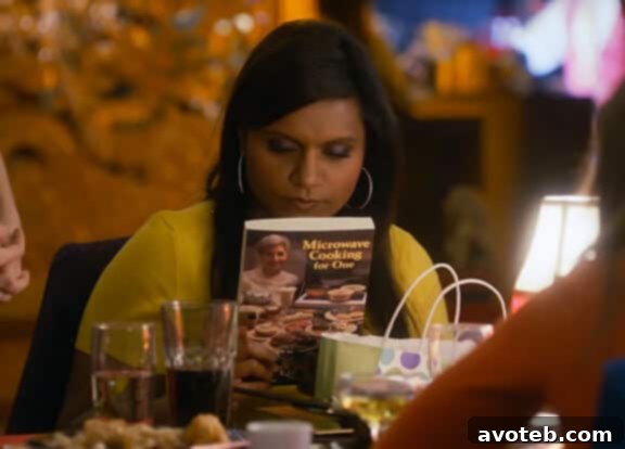 A humorous scene from The Mindy Project, suggesting that cooking for one can be an adventure.
