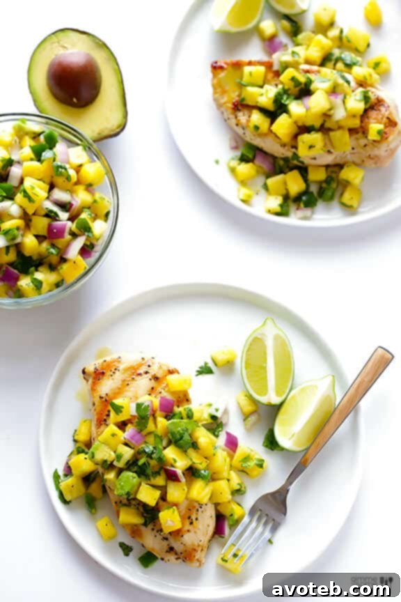 Grilled Chicken Dinner with Pineapple Salsa Plated Grilled Chicken with Pineapple Avocado Salsa