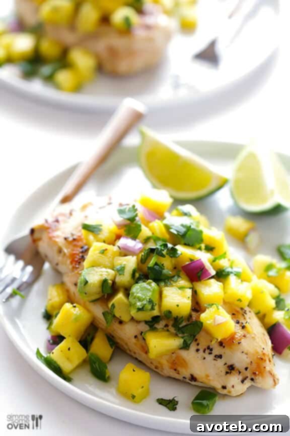 Healthy Pineapple Avocado Salsa Close-up of Pineapple Avocado Salsa on a plate