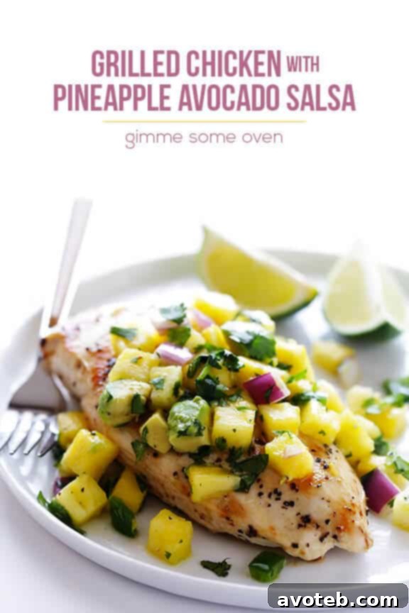 Easy Grilled Chicken Dinner Grilled Chicken with Pineapple Avocado Salsa, ready to serve